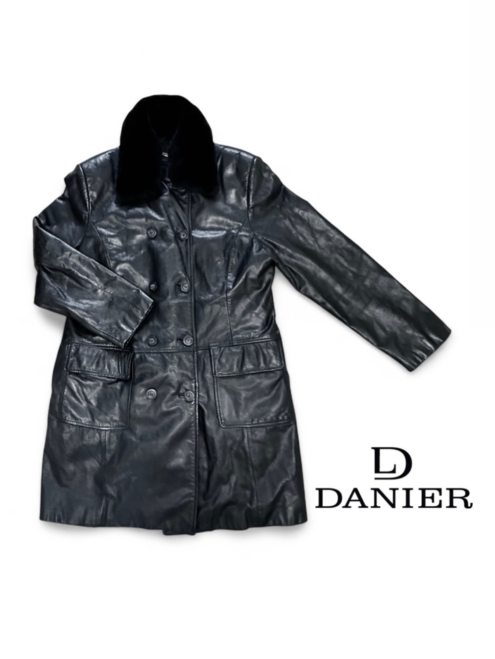 Vintage DANIER Women's Black Leather Coat/Jacket, Faux Fur Removable Collar